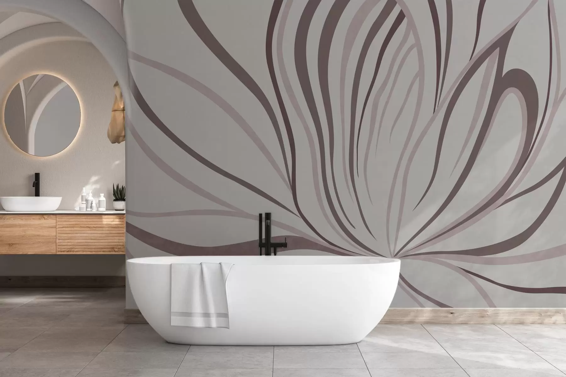 wall murals Стилизовани цвет са меким линијама у ружичасто-беж тоновима w05392v1