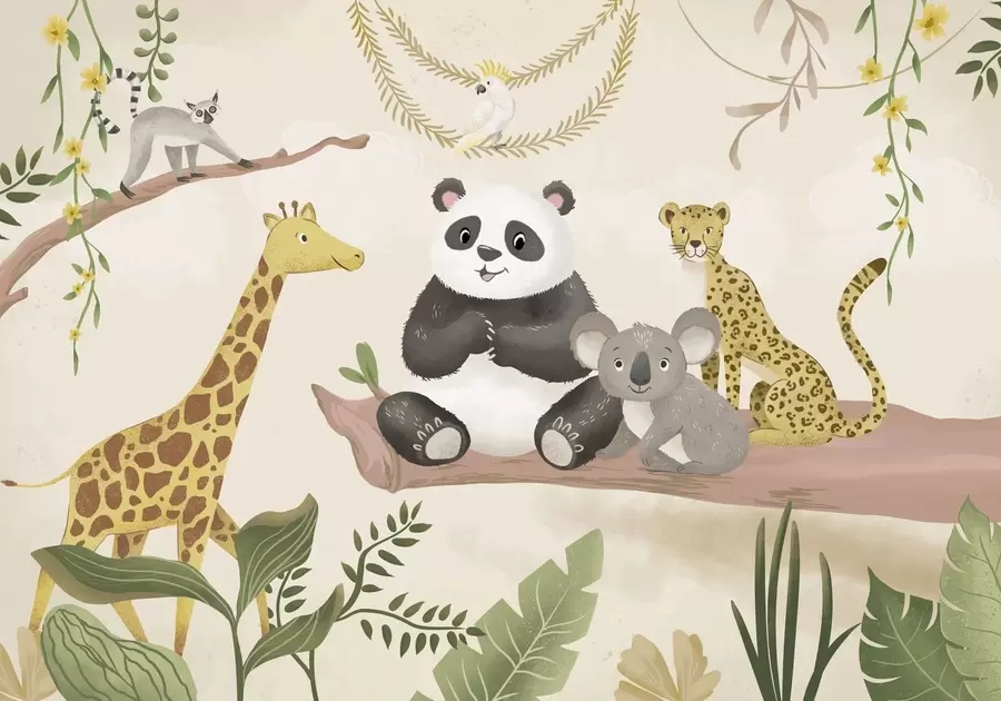 wall murals Слатке животиње из џунгле на грани међу биљкама w05393