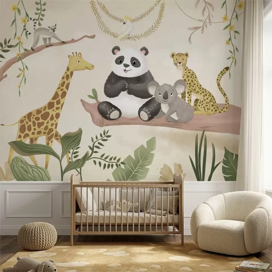 wall murals Слатке животиње из џунгле на грани међу биљкама w05393