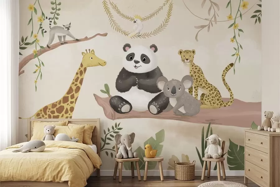 wall murals Слатке животиње из џунгле на грани међу биљкама w05393
