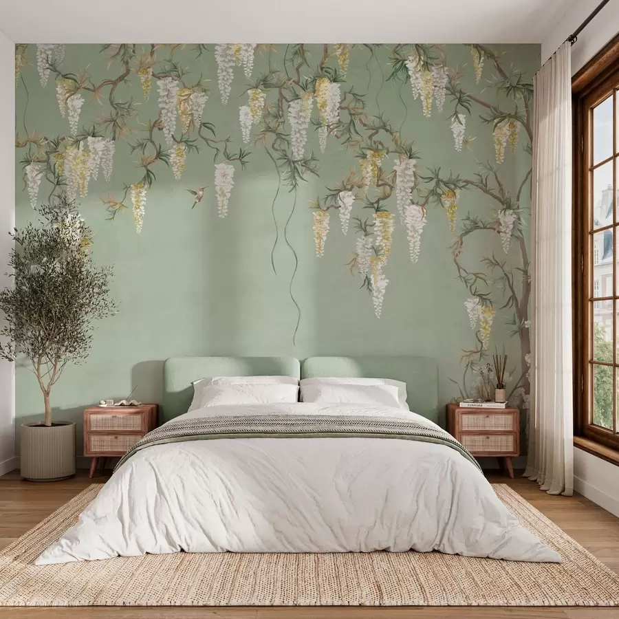 wall murals Цветне гране са белим цветовима и птицама на зеленој површини w05394