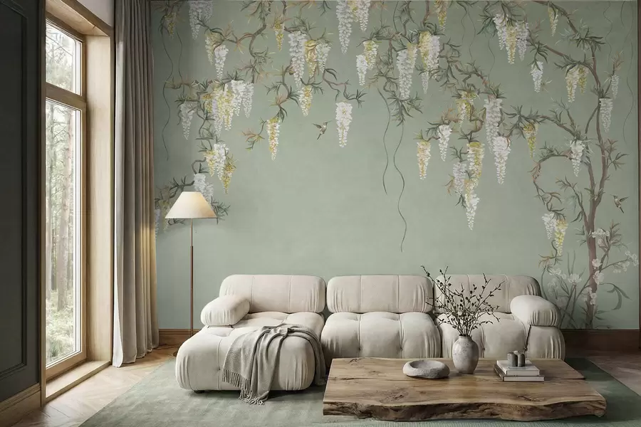 wall murals Цветне гране са белим цветовима и птицама на зеленој површини w05394