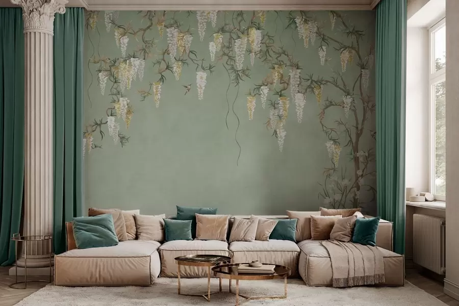 wall murals Цветне гране са белим цветовима и птицама на зеленој површини w05394