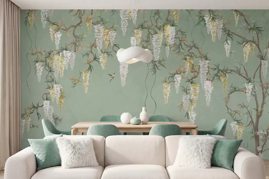 wall murals Цветне гране са белим цветовима и птицама на зеленој површини w05394