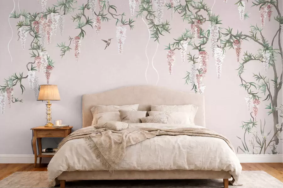 wall murals Цветне гране са ружичастим цветовима и птицама w05394v1