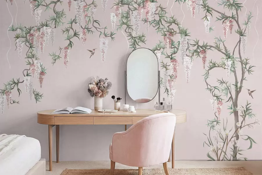 wall murals Цветне гране са ружичастим цветовима и птицама w05394v1