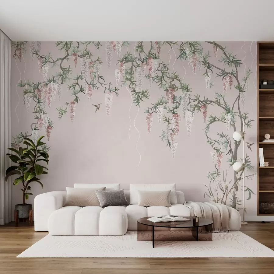 wall murals Цветне гране са ружичастим цветовима и птицама w05394v1