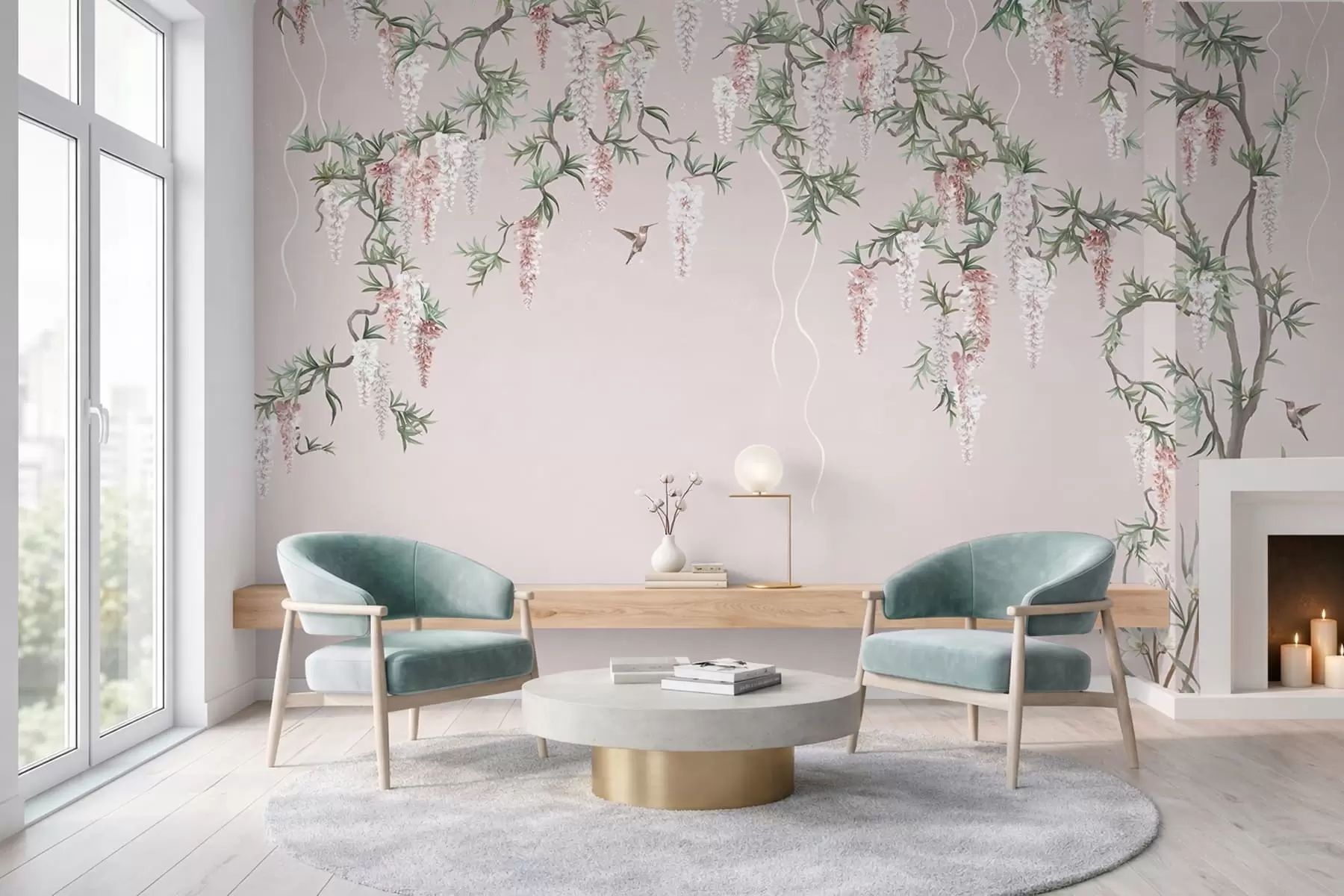 wall murals Цветне гране са ружичастим цветовима и птицама w05394v1
