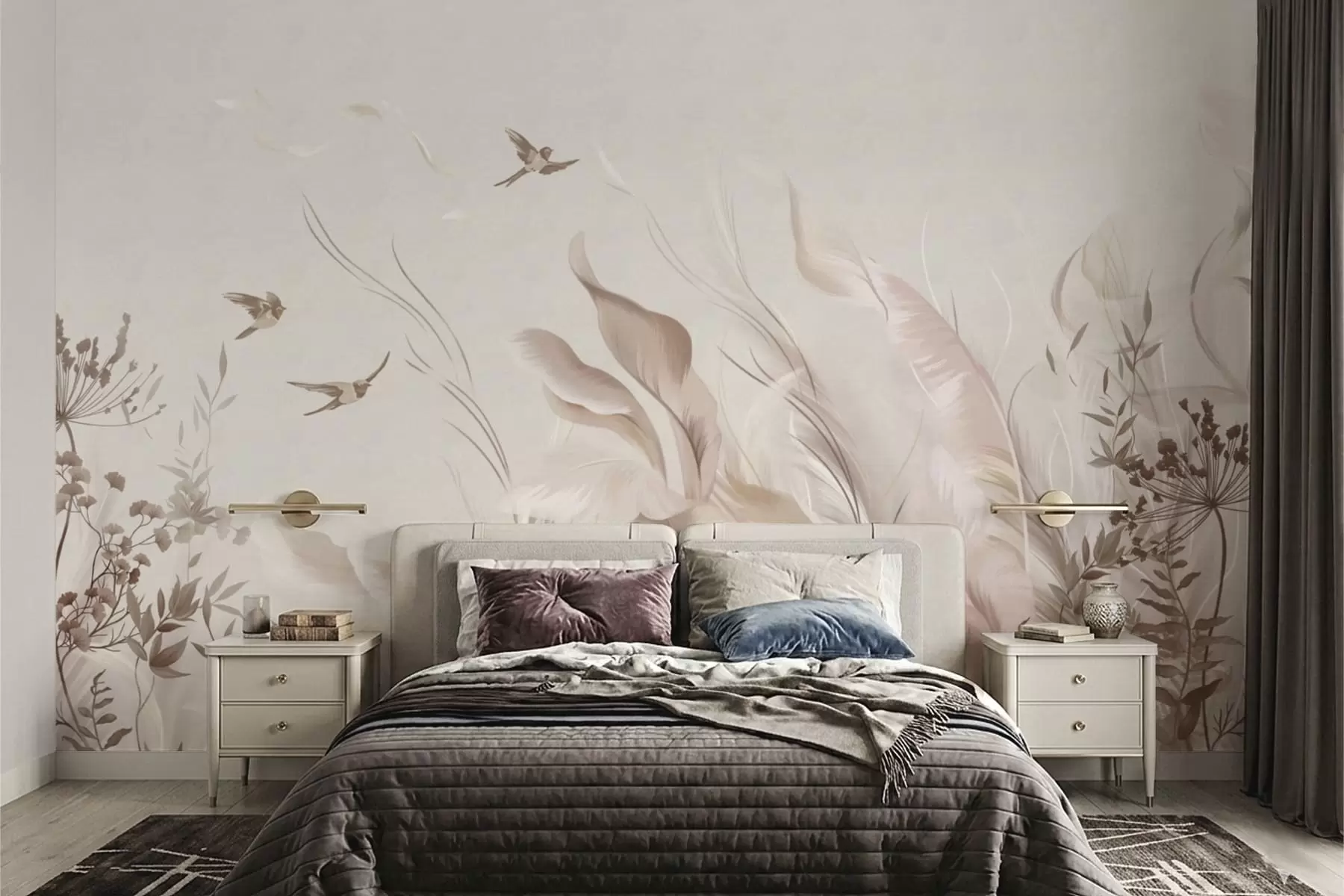wall murals Меко перје, траве и птице у светлим тоновима w05395