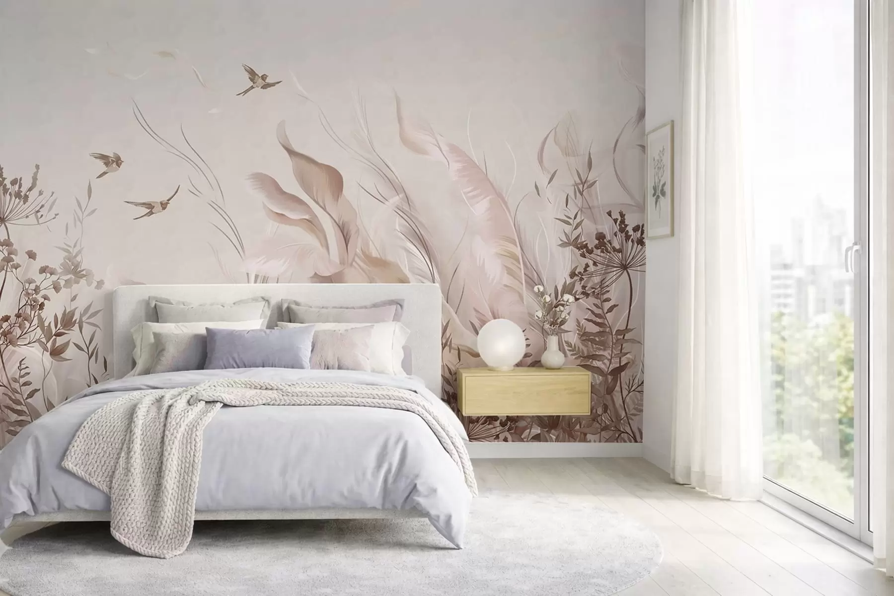 wall murals Меко перје, траве и птице у светлим тоновима w05395