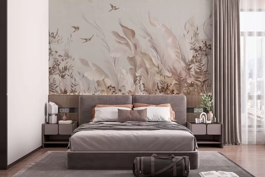 wall murals Меко перје, траве и птице у светлим тоновима w05395