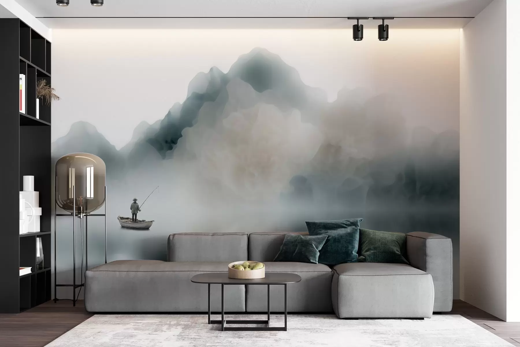 wall murals Планински пејзаж са чамцем и рибаром који се растварају у мекој магли w09678