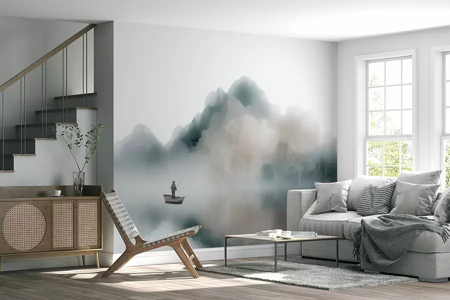 wall murals Планински пејзаж са чамцем и рибаром који се растварају у мекој магли w09678