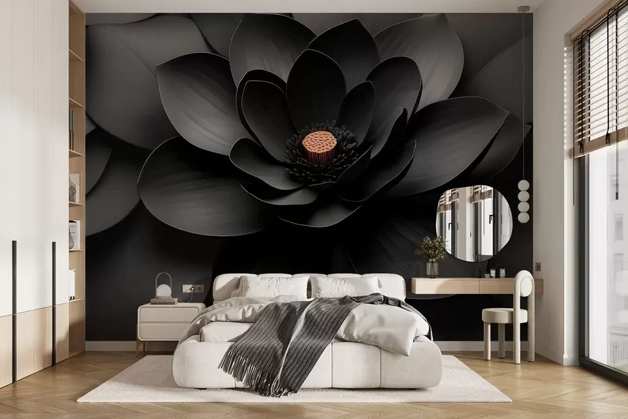 wall murals Минималистички црни цвет са латицама и контрастним топлим средиштем w09721
