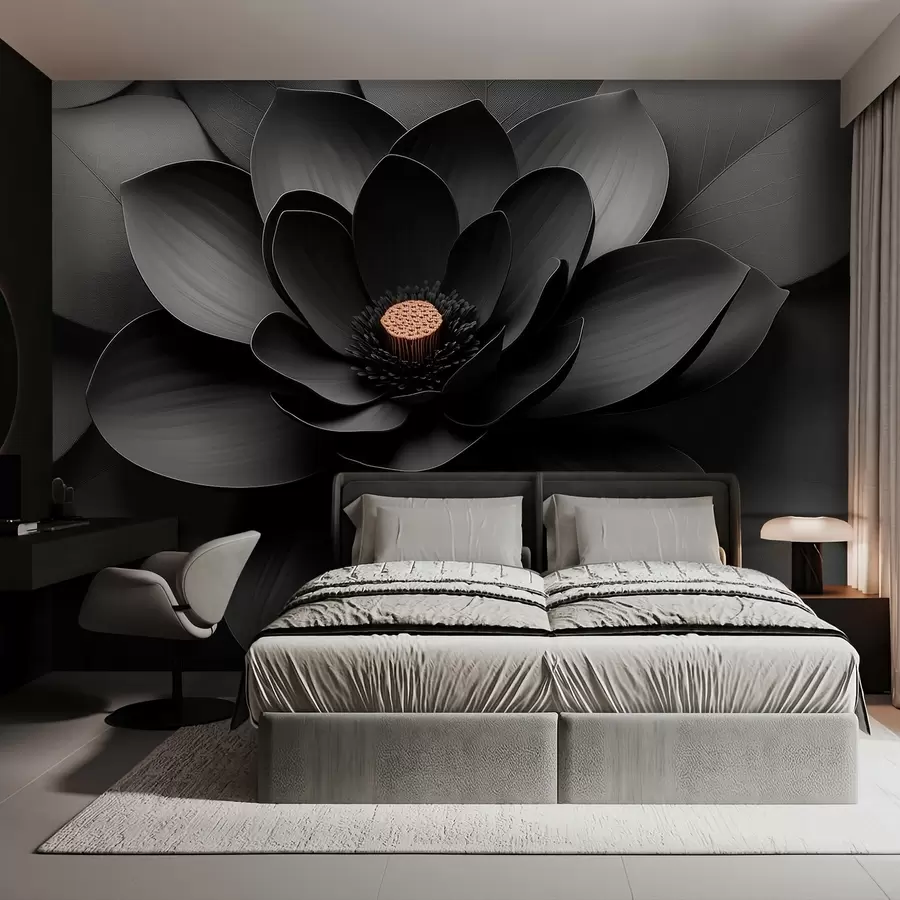 wall murals Минималистички црни цвет са латицама и контрастним топлим средиштем w09721