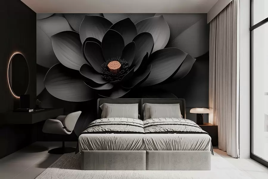 wall murals Минималистички црни цвет са латицама и контрастним топлим средиштем w09721