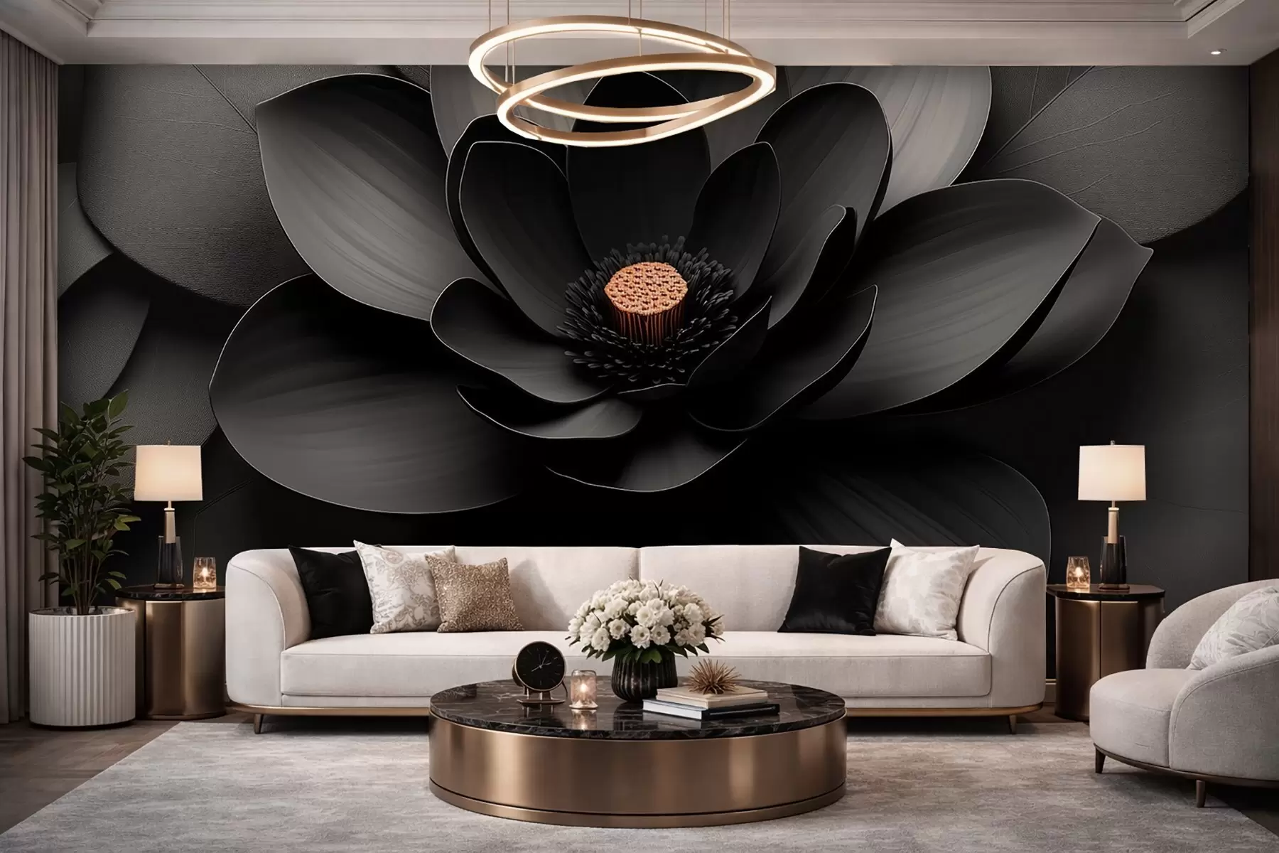 wall murals Минималистички црни цвет са латицама и контрастним топлим средиштем w09721