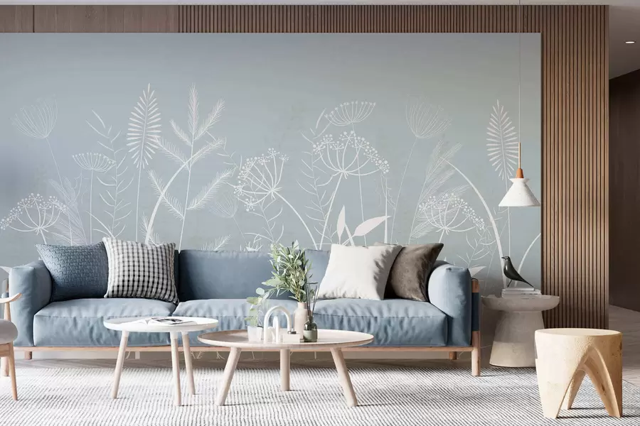 wall murals нежне ручно осликане дивље траве и цвеће на сиво-плавој позадини w05383