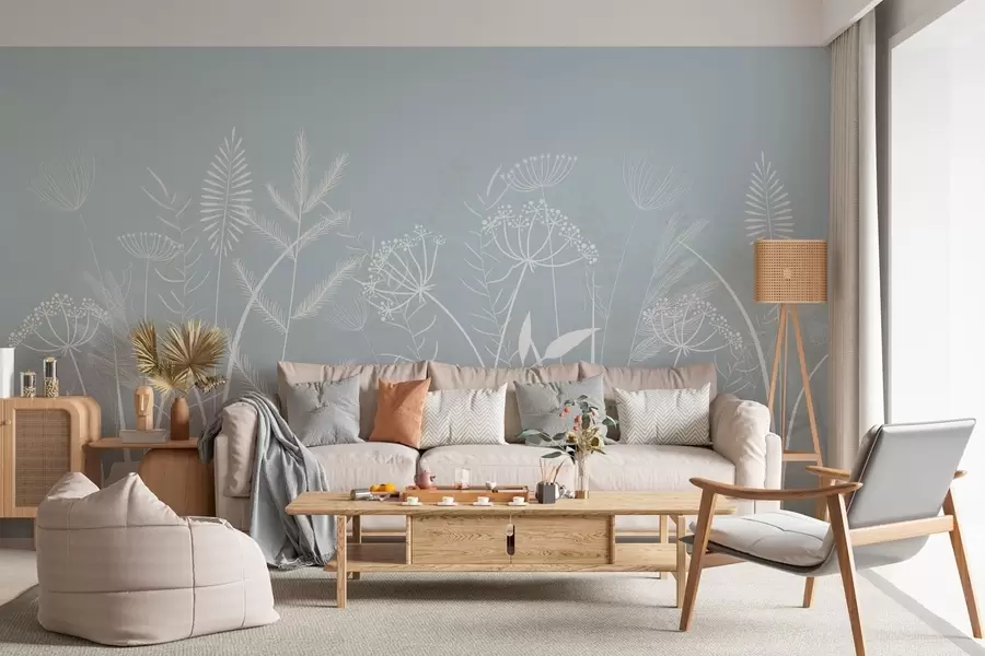 wall murals нежне ручно осликане дивље траве и цвеће на сиво-плавој позадини w05383