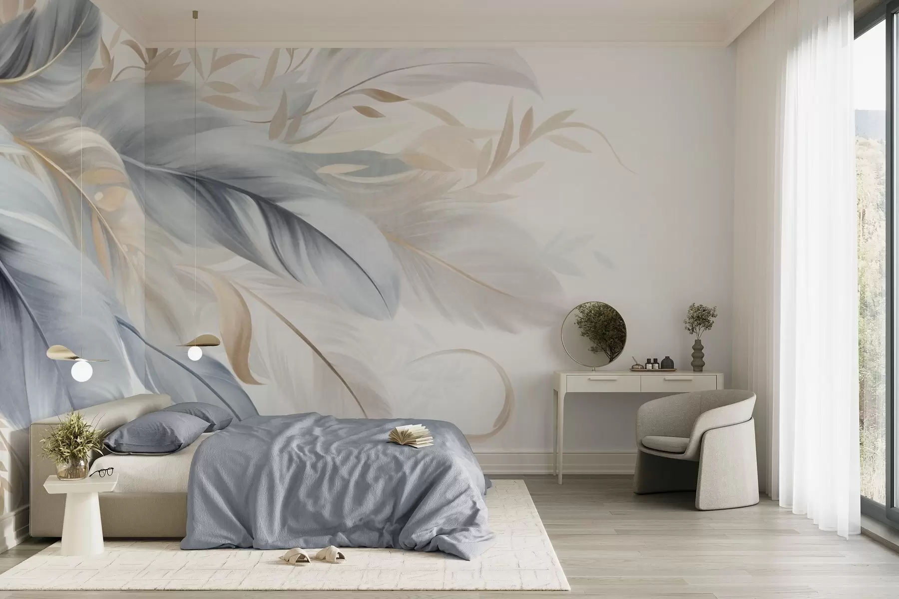 wall murals Текстурирано перје пастелних боја и нежно лишће на светлој позадини w09763