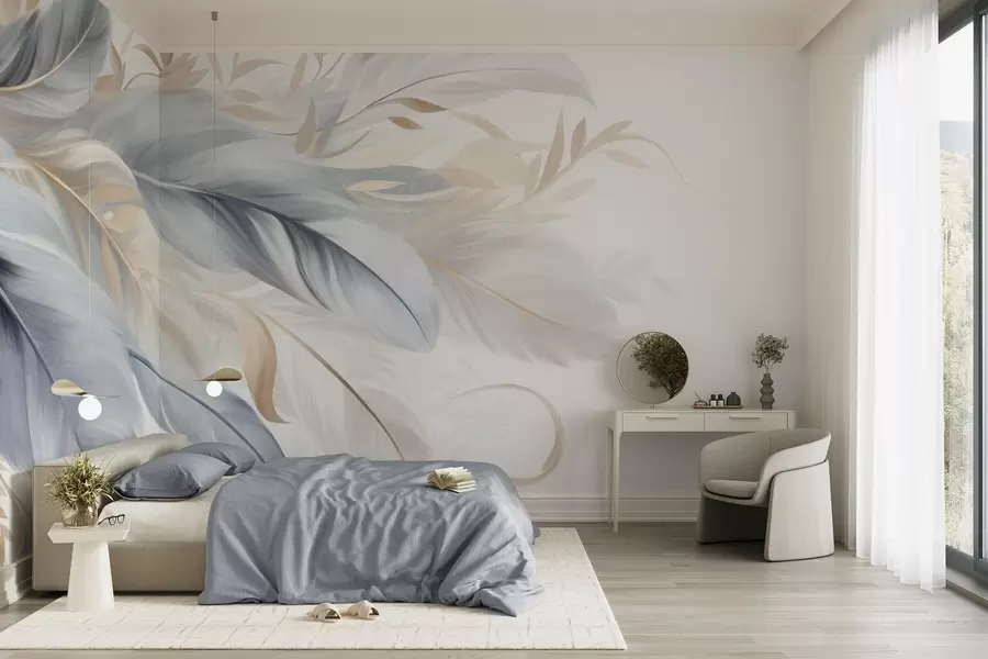 wall murals Текстурирано перје пастелних боја и нежно лишће на светлој позадини w09763