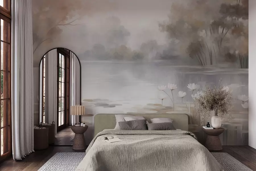 wall murals Текстурирани пејзаж, језеро са белим локвањама, окружено дрвећем у пригушеним бојама w09768