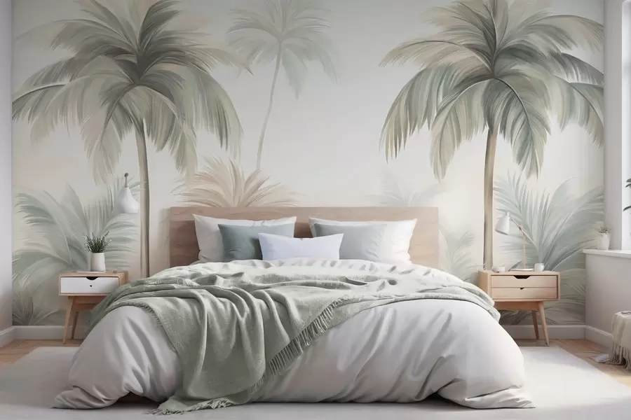 wall murals Дрвеће текстуриране палмама са пригушеним зеленим и беж листовима уз меко небо w09770