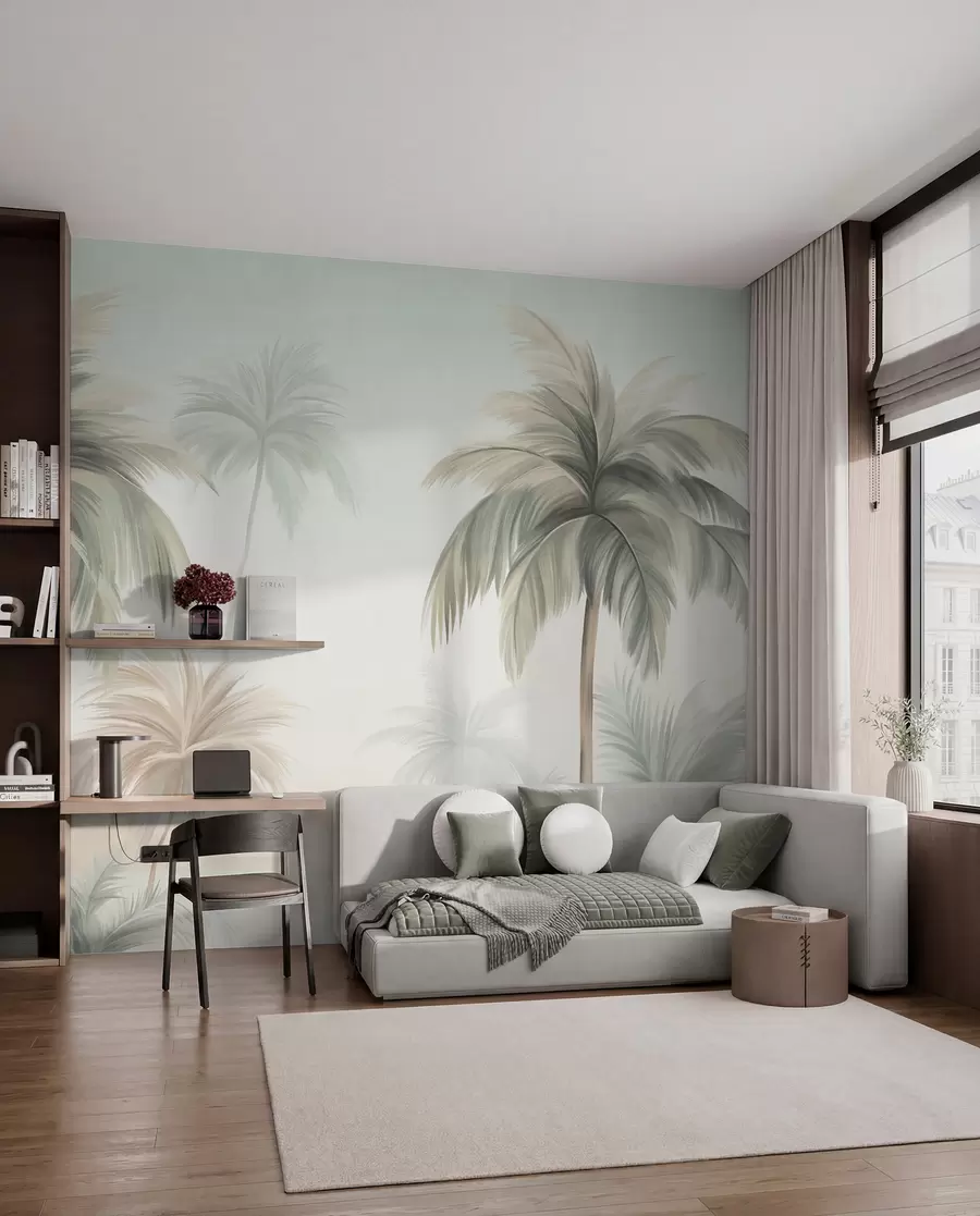 wall murals Дрвеће текстуриране палмама са пригушеним зеленим и беж листовима уз меко небо w09770