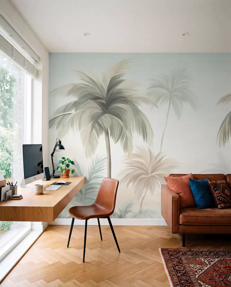 wall murals Дрвеће текстуриране палмама са пригушеним зеленим и беж листовима уз меко небо w09770