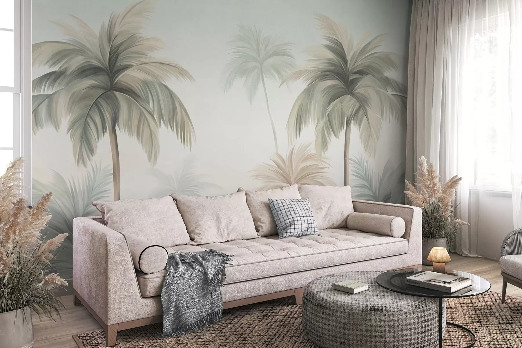 wall murals Дрвеће текстуриране палмама са пригушеним зеленим и беж листовима уз меко небо w09770