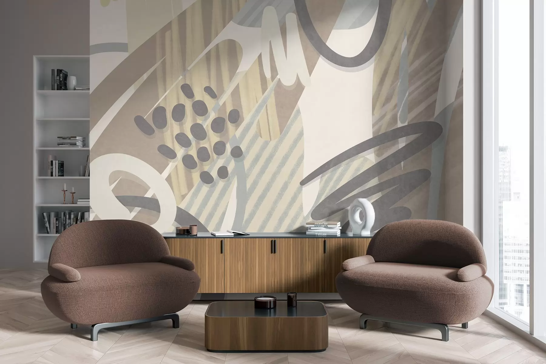 wall murals Апстрактни текстурирани отисак са органским облицима, шарама и тачкама у пригушеним пастелним бојама w09774