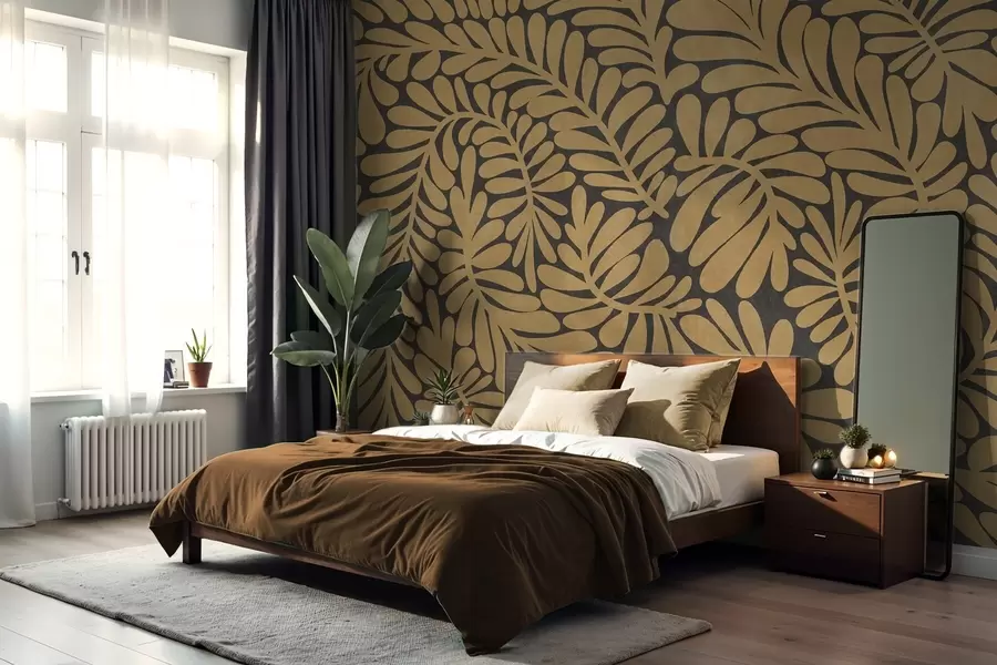 wall murals Стилизовани листови жуте боје сенфа на тамно сивој позадини, текстурирана уметност w09775