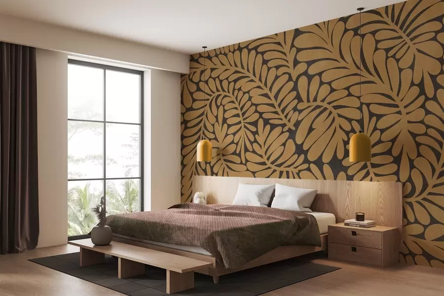 wall murals Стилизовани листови жуте боје сенфа на тамно сивој позадини, текстурирана уметност w09775