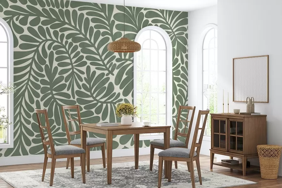 wall murals Стилизовано зелено лишће на светлој позадини, текстурирана уметност w09775v2