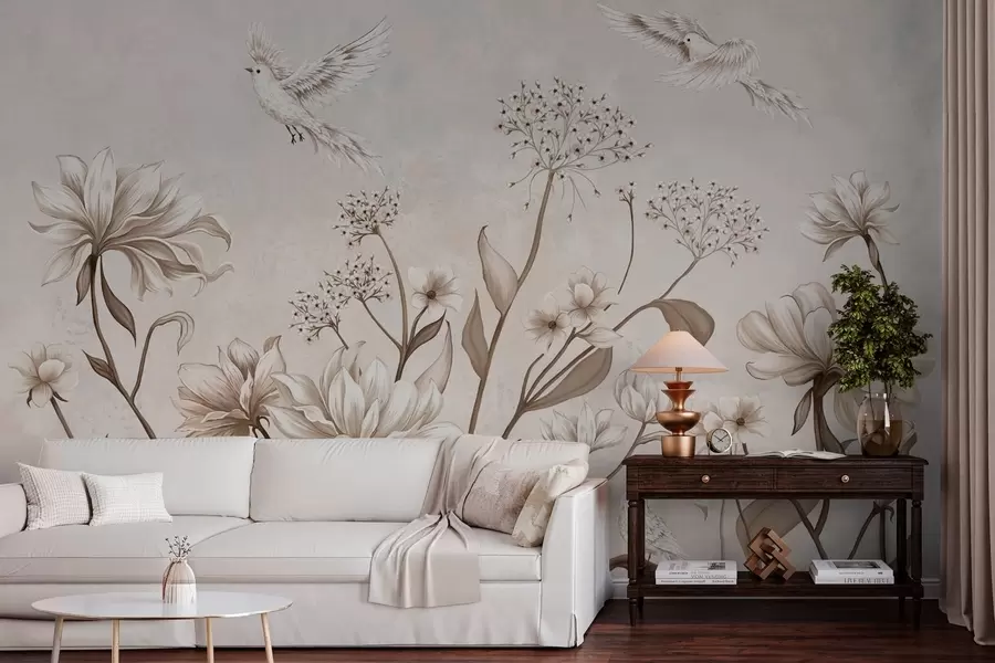 wall murals Светло цвеће и птице на мекој позадини w05118