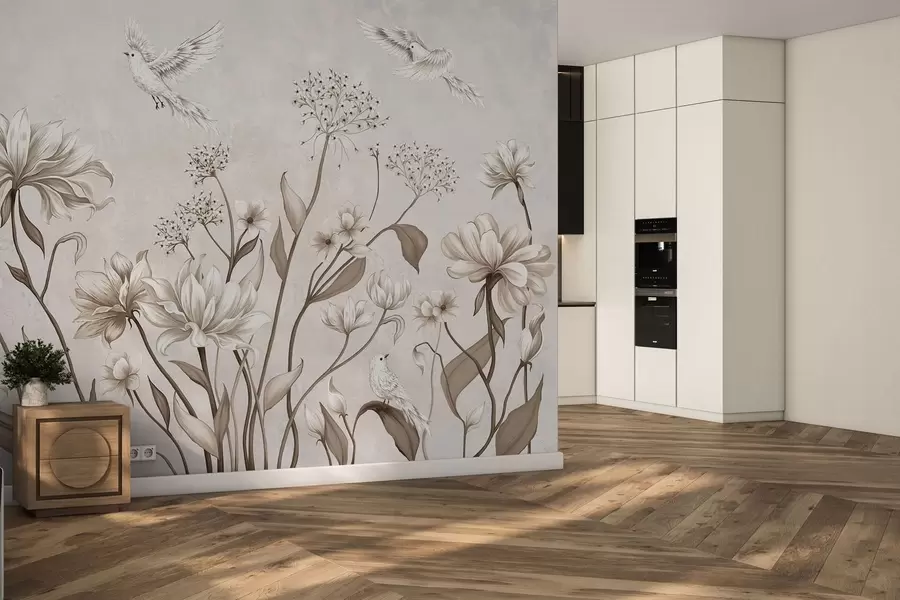 wall murals Светло цвеће и птице на мекој позадини w05118