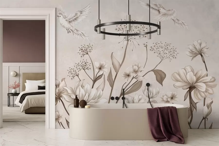 wall murals Светло цвеће и птице на мекој позадини w05118