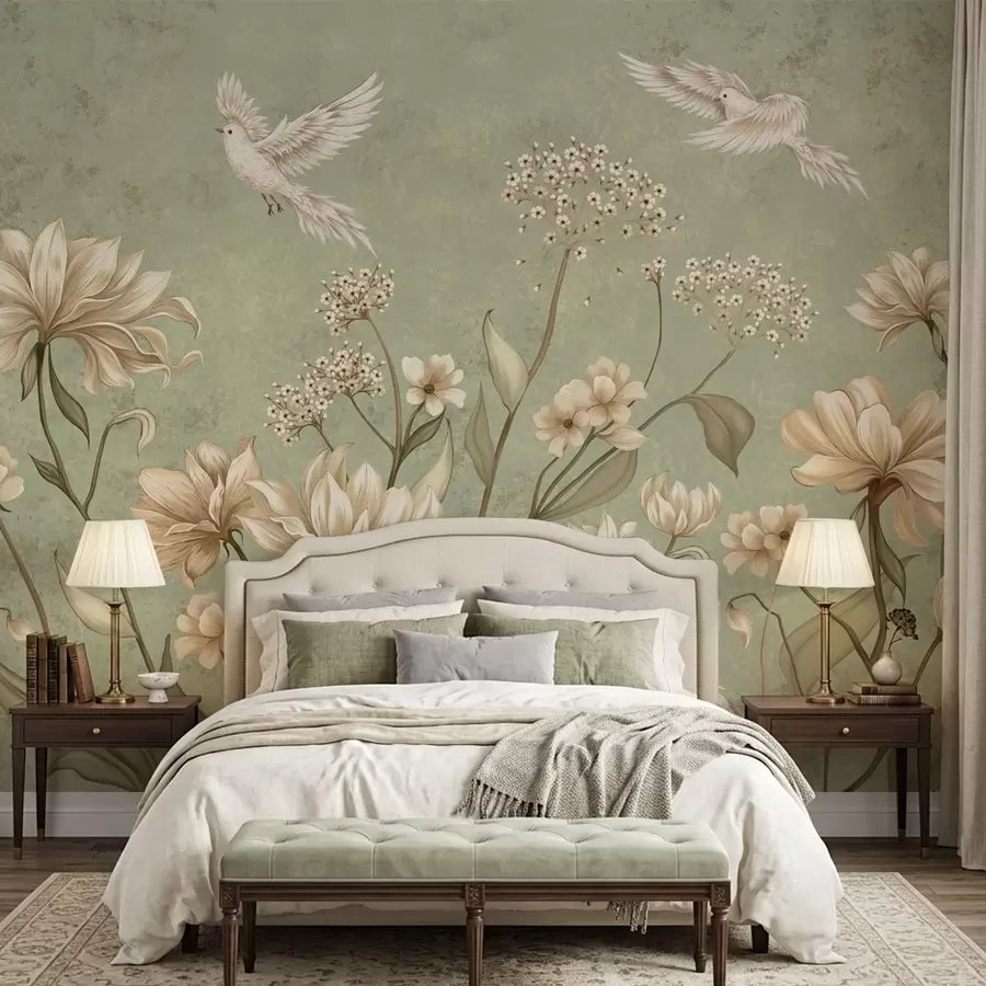 wall murals Цвеће и птице на зеленој текстурираној позадини w05118v1