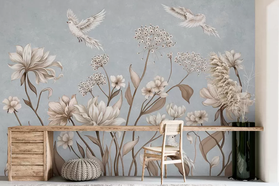 wall murals Цвеће и птице на хладној сиво-плавој позадини w05118v2