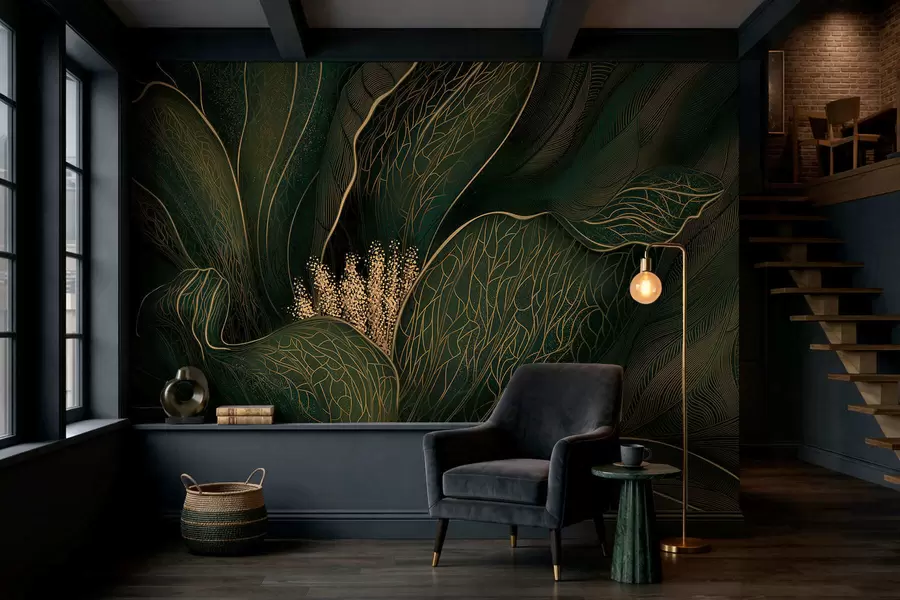 wall murals Тамнозелени апстрактни цвет са финим линијским детаљима w05119v1