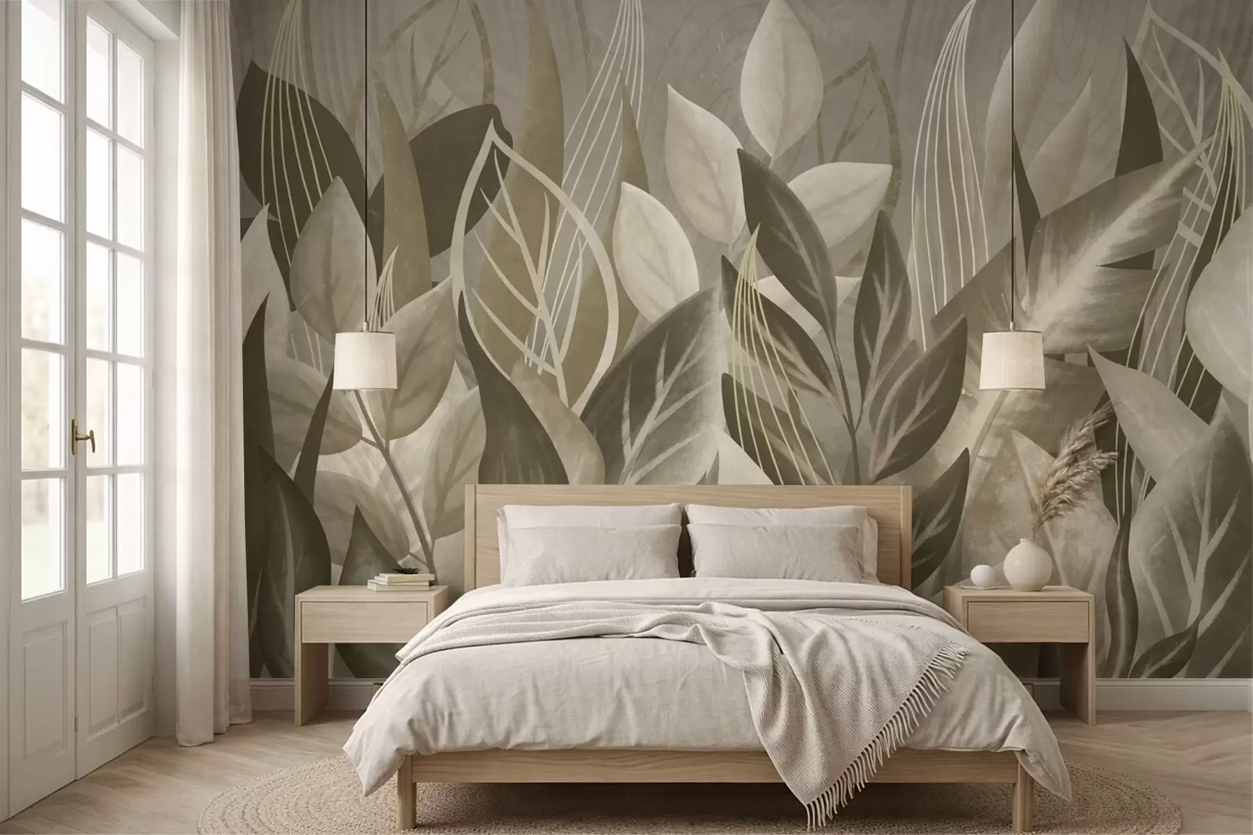wall murals Апстрактни листови у беж и зеленим тоновима w05148