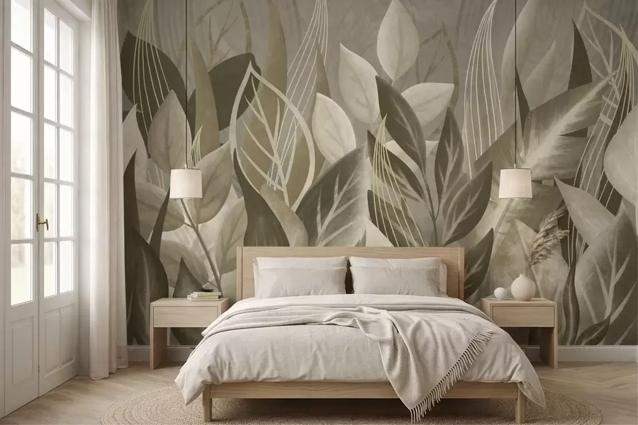 wall murals Апстрактни листови у беж и зеленим тоновима w05148