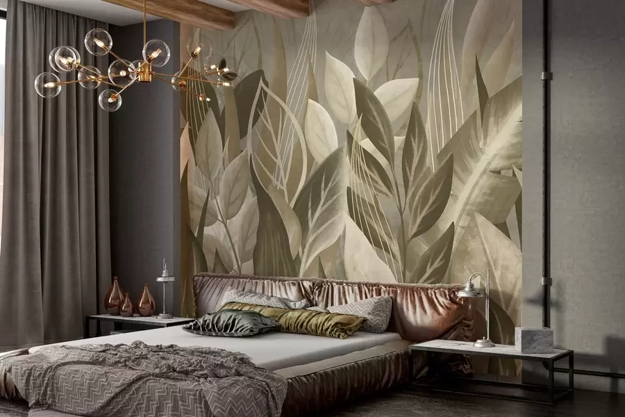 wall murals Апстрактни листови у беж и зеленим тоновима w05148