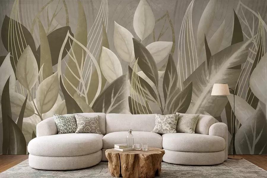 wall murals Апстрактни листови у беж и зеленим тоновима w05148