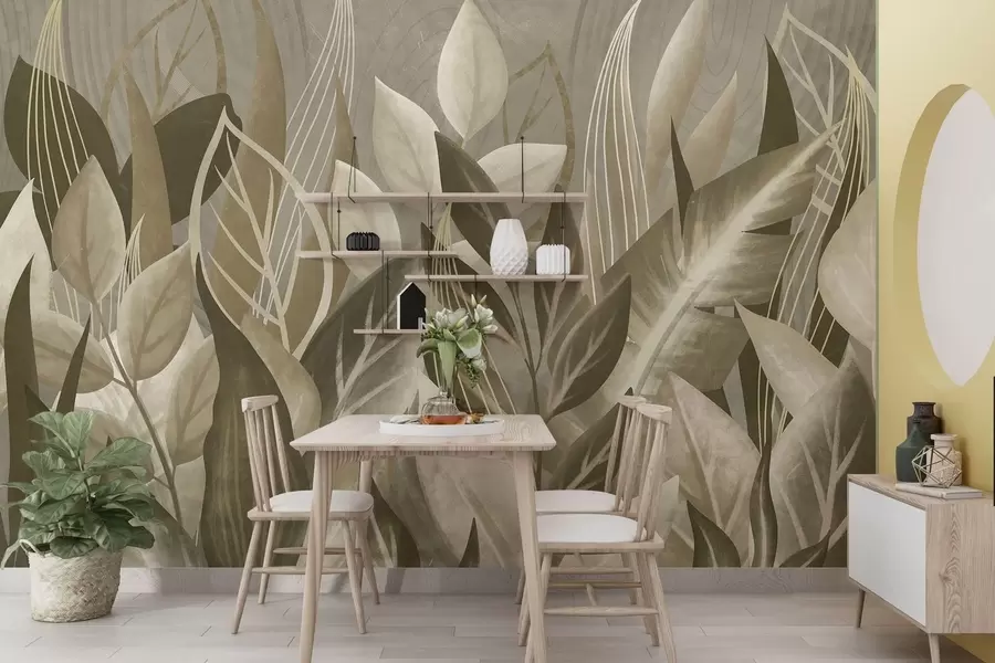 wall murals Апстрактни листови у беж и зеленим тоновима w05148
