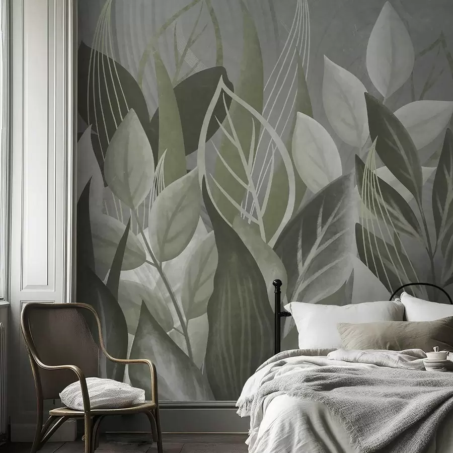 wall murals Апстрактно лишће у сиво-зеленим нијансама w05148v1