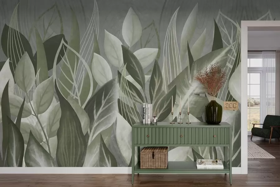 wall murals Апстрактно лишће у сиво-зеленим нијансама w05148v1