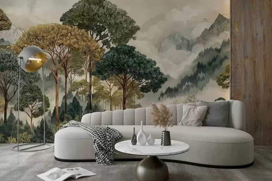 wall murals Шума са високим дрвећем у магловитим планинама w05410