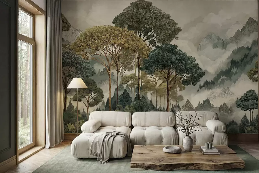 wall murals Шума са високим дрвећем у магловитим планинама w05410