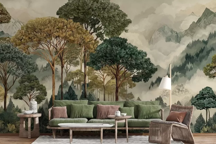 wall murals Шума са високим дрвећем у магловитим планинама w05410